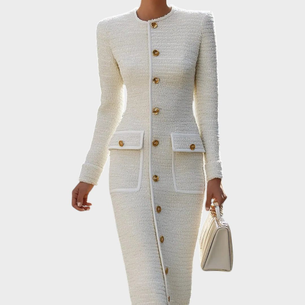 Annette™ | Women's White Tweed Midi Dress with Button Front