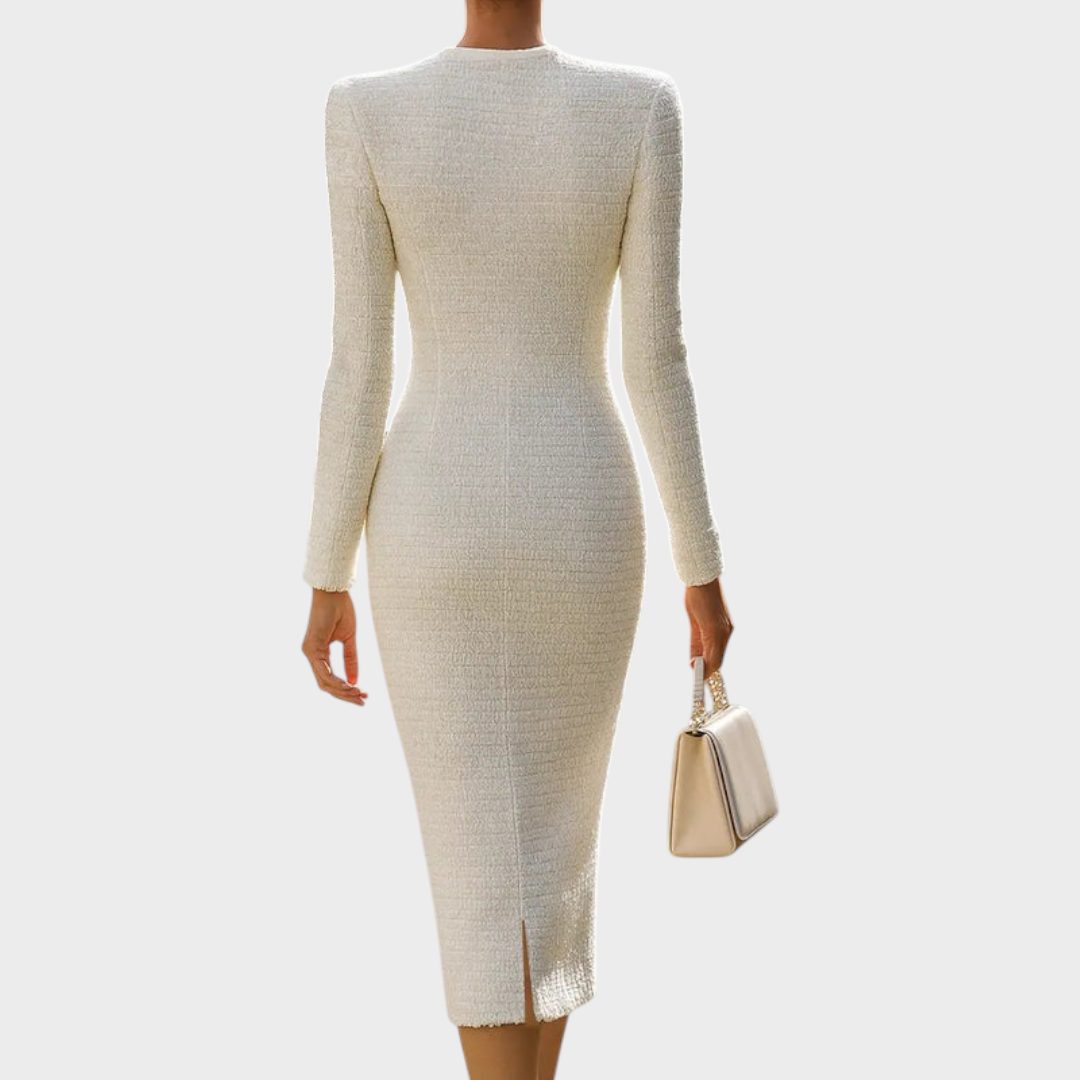 Annette™ | Women's White Tweed Midi Dress with Button Front