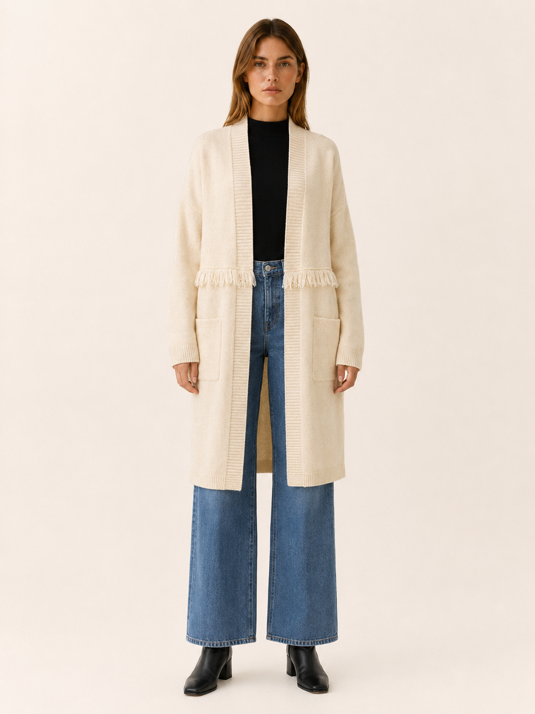 Apolline™ | Knee-Length Open-Front Cardigan with Pockets