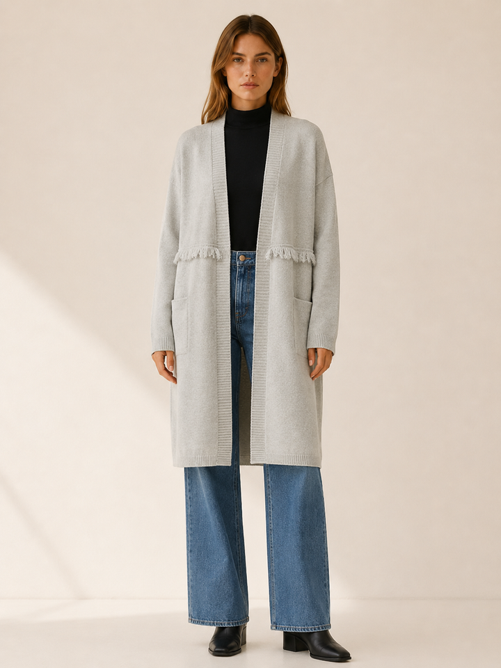 Apolline™ | Knee-Length Open-Front Cardigan with Pockets