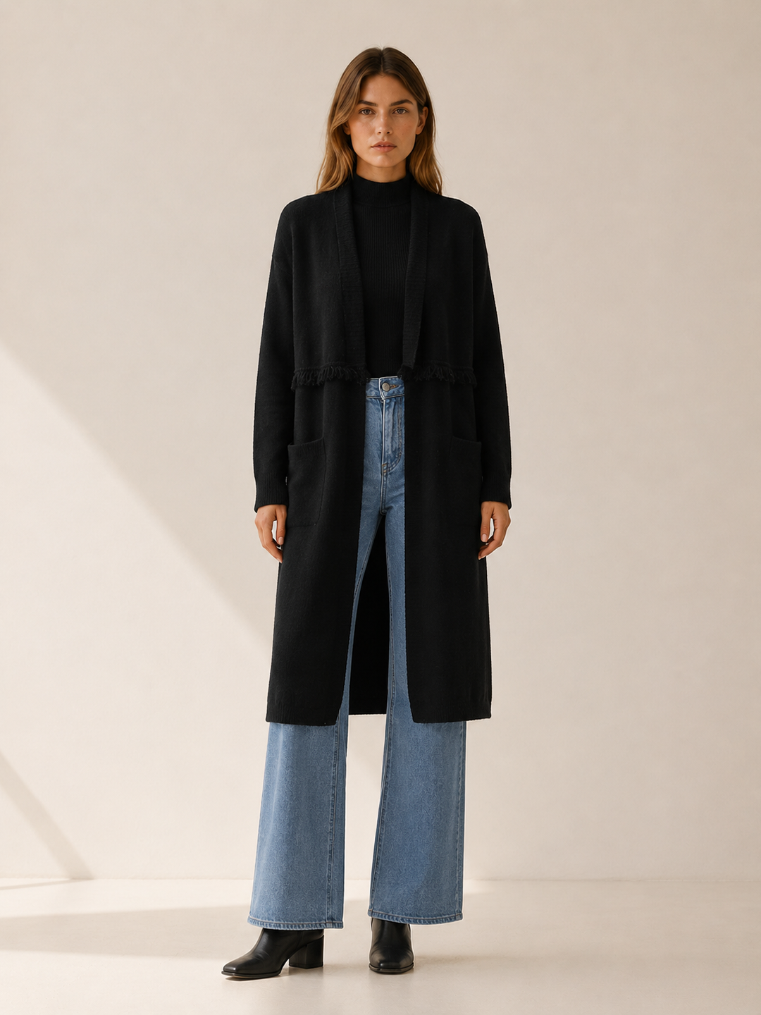 Apolline™ | Knee-Length Open-Front Cardigan with Pockets