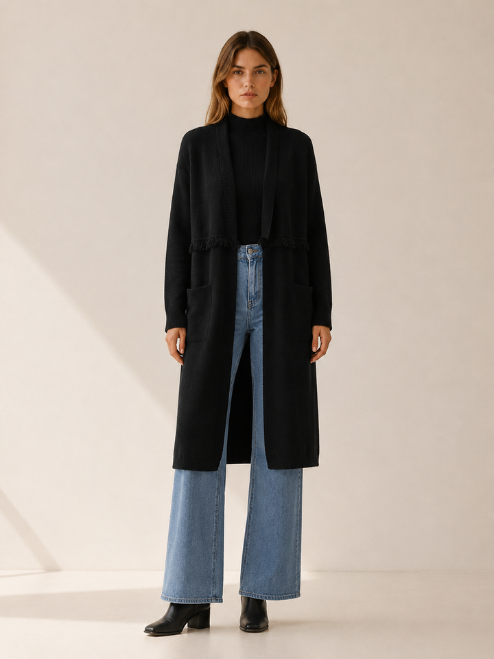 Apolline™ | Knee-Length Open-Front Cardigan with Pockets