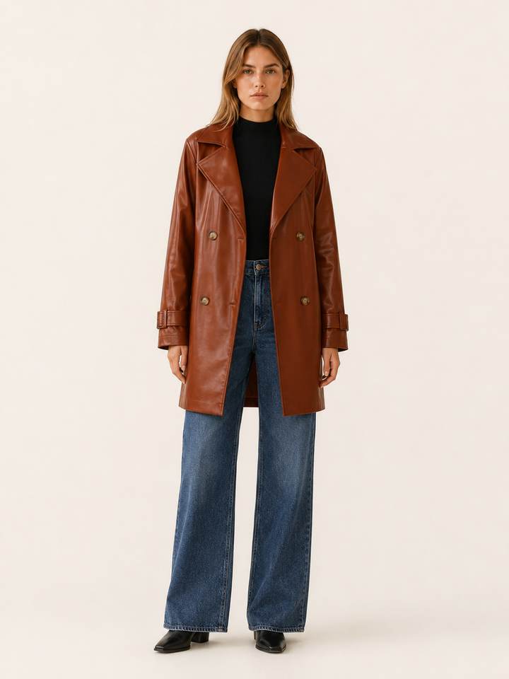 Arden™ | Faux Leather Trench Jacket, Double-Breasted