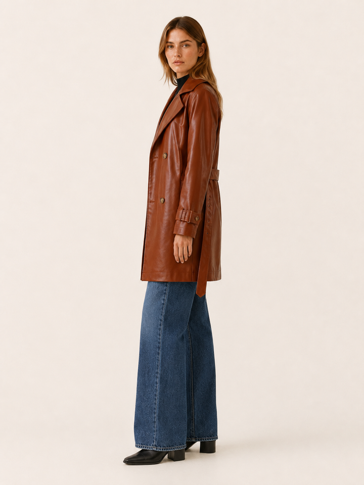 Arden™ | Faux Leather Trench Jacket, Double-Breasted