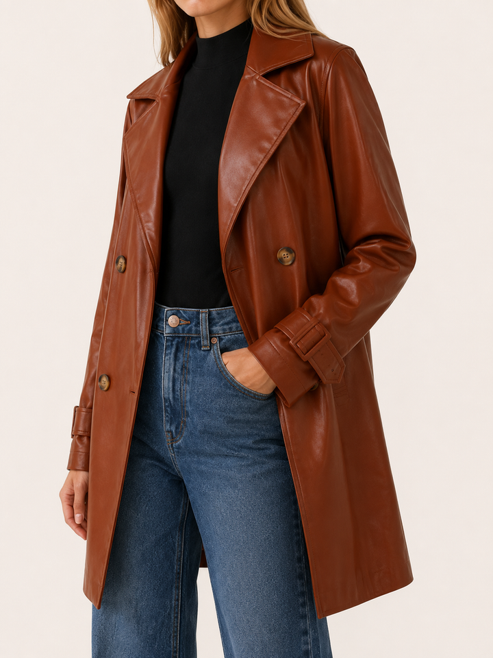 Arden™ | Faux Leather Trench Jacket, Double-Breasted