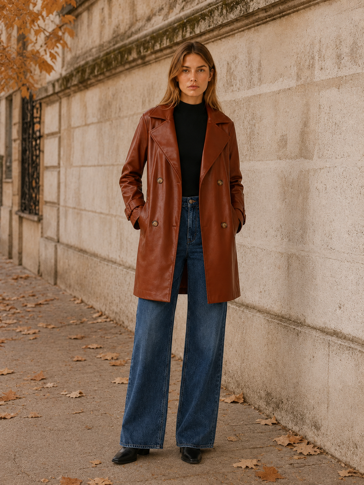 Arden™ | Faux Leather Trench Jacket, Double-Breasted