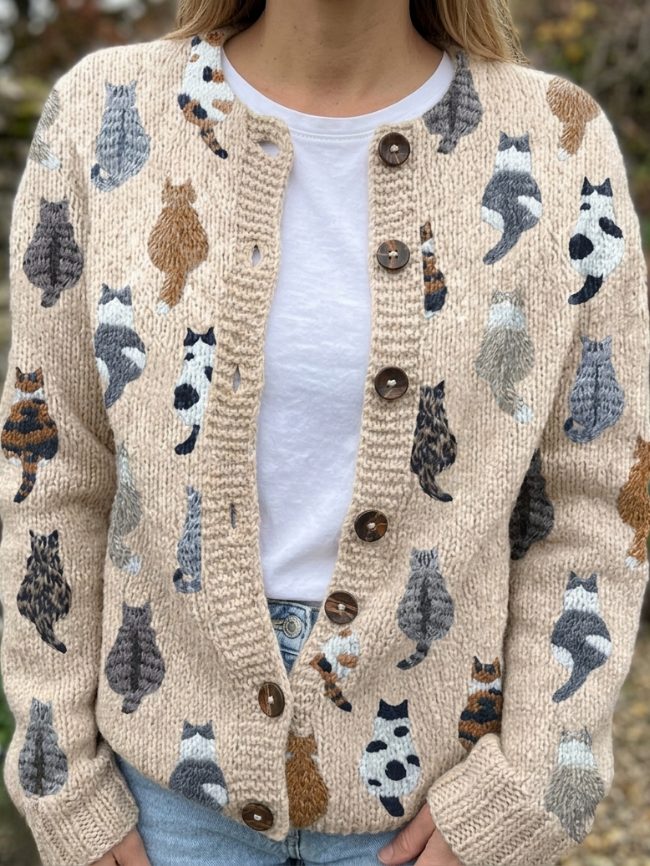 Yseult™ | Women's Beige Cat Pattern Knit Button Cardigan