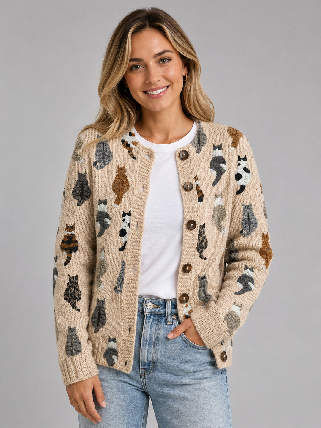 Yseult™ | Women's Beige Cat Pattern Knit Button Cardigan