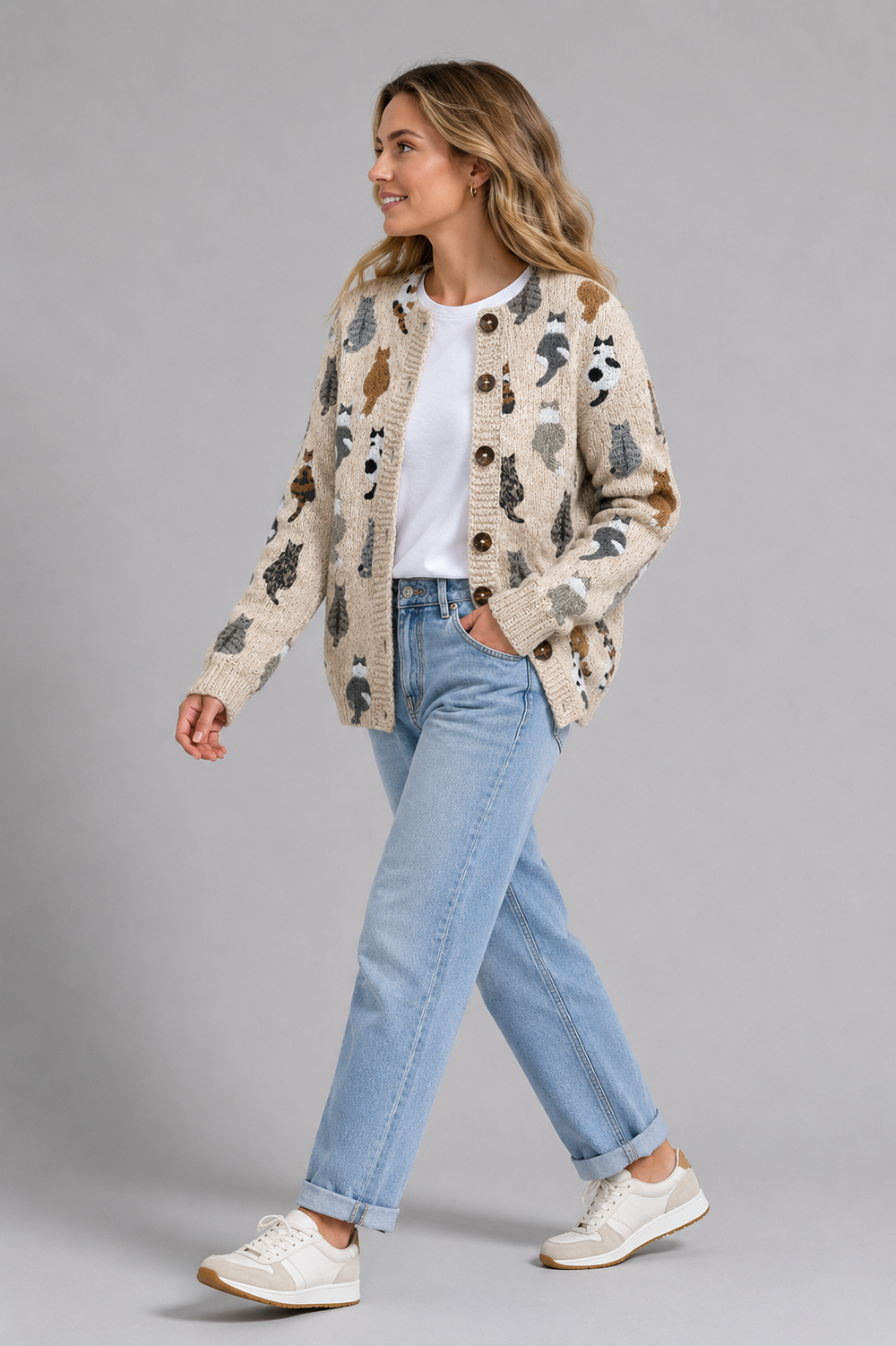 Yseult™ | Women's Beige Cat Pattern Knit Button Cardigan