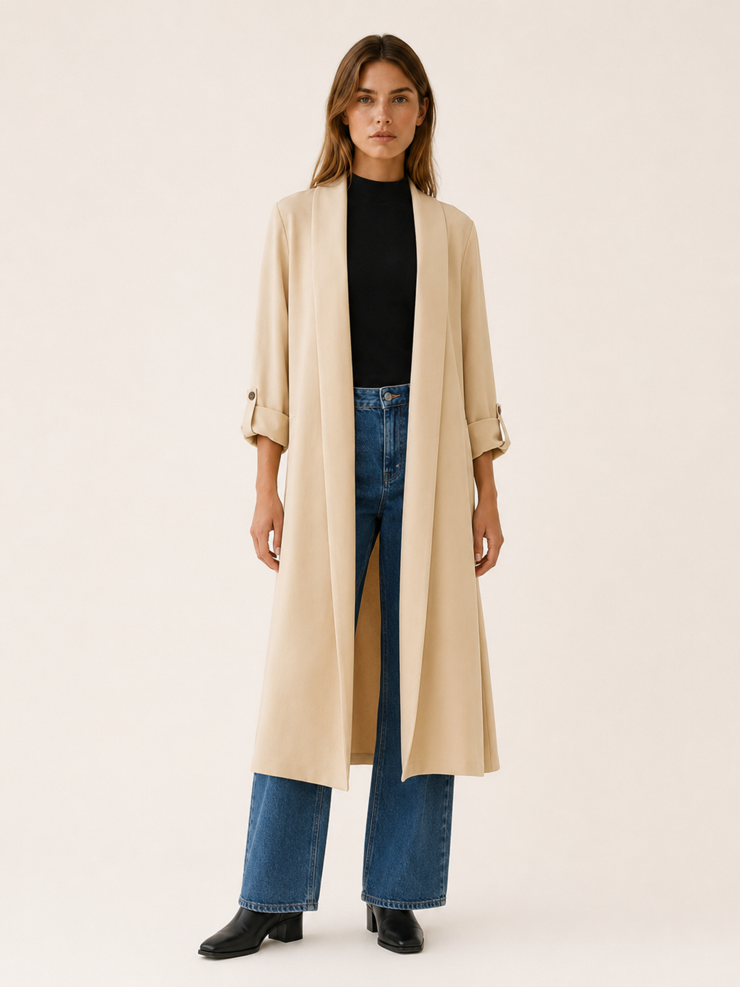 Ariane™ | Long Open-Front Trench with Roll-Tab Sleeves