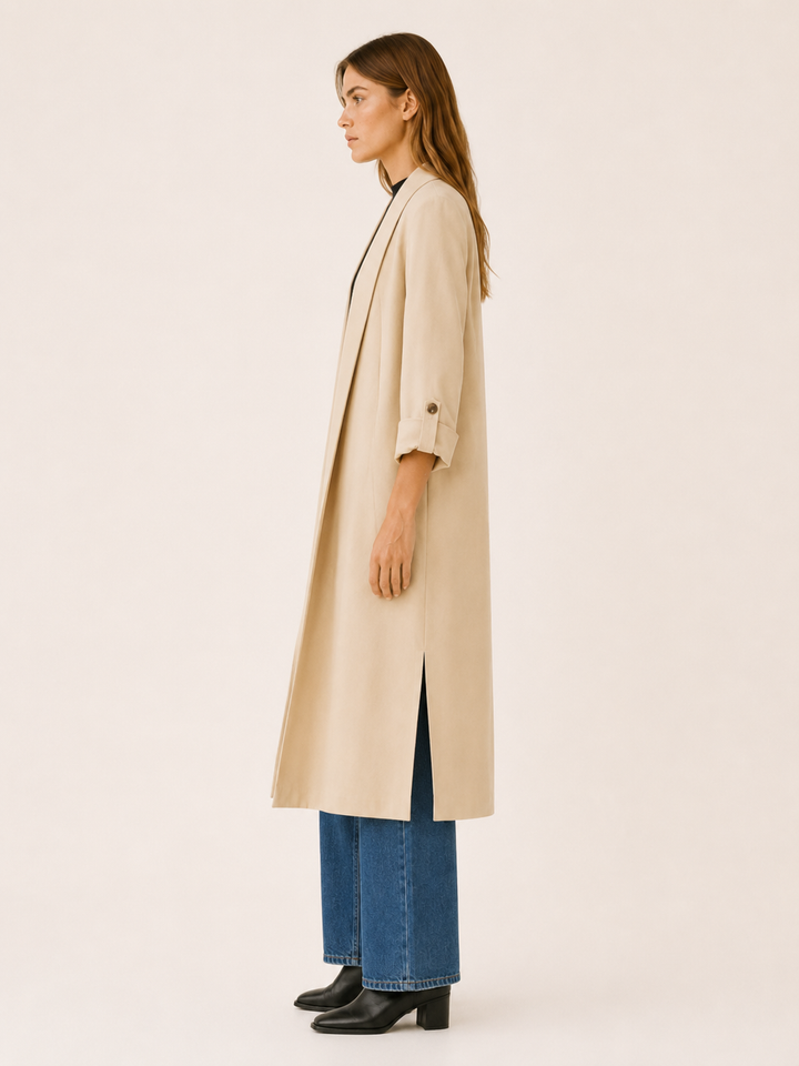 Ariane™ | Long Open-Front Trench with Roll-Tab Sleeves