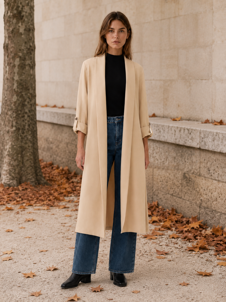 Ariane™ | Long Open-Front Trench with Roll-Tab Sleeves