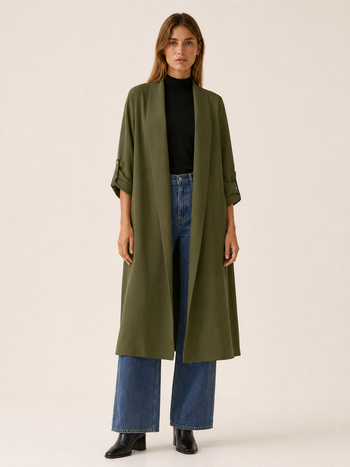 Ariane™ | Long Open-Front Trench with Roll-Tab Sleeves