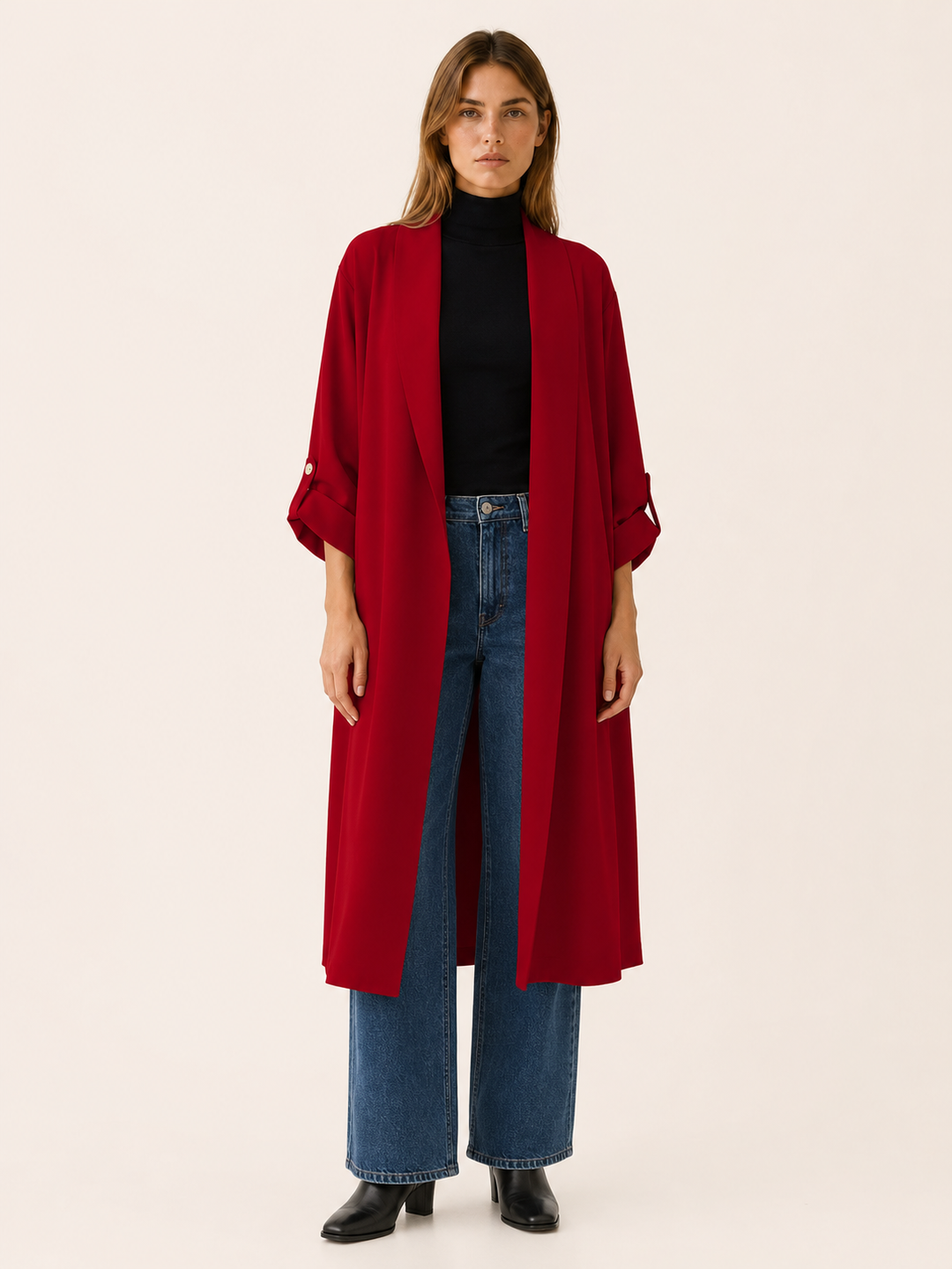 Ariane™ | Long Open-Front Trench with Roll-Tab Sleeves