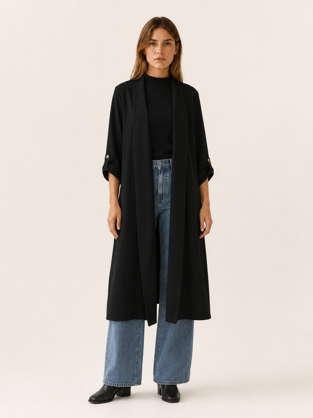 Ariane™ | Long Open-Front Trench with Roll-Tab Sleeves