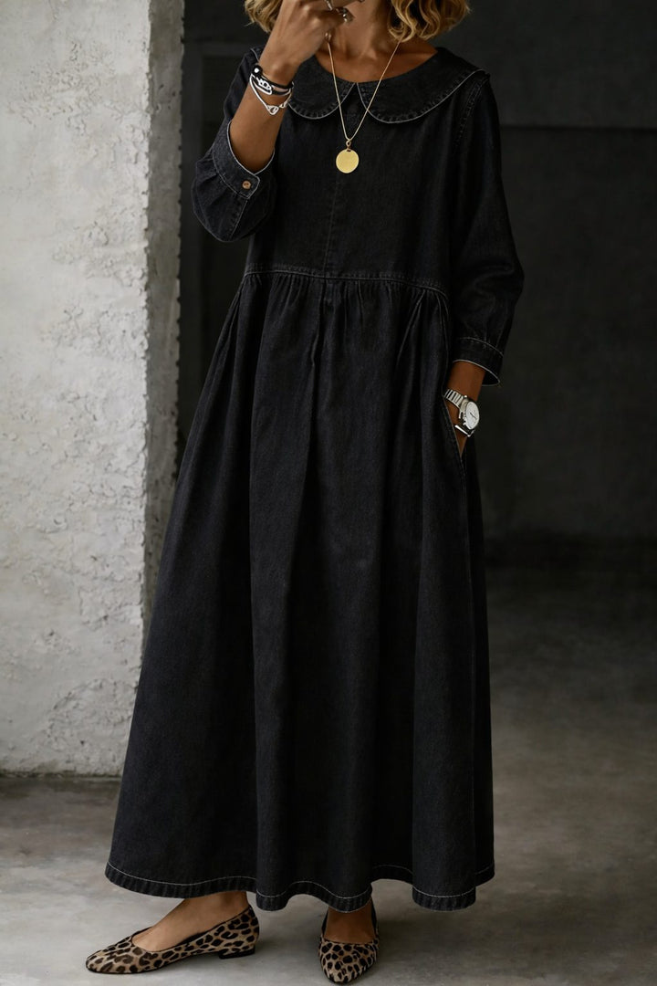 Gwyneth™ | Women's Denim Maxi Dress with Peter Pan Collar