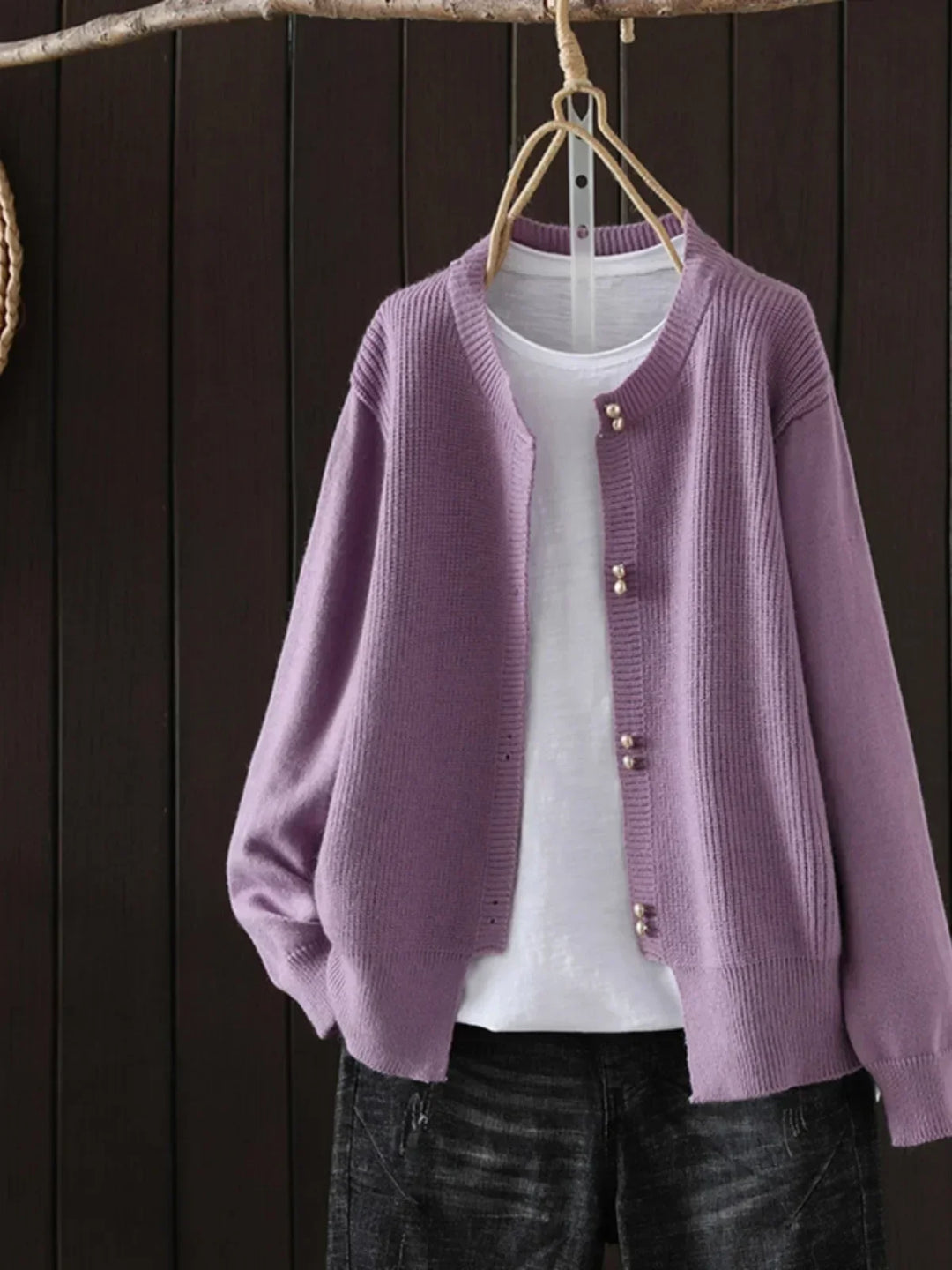 Fionnula™ | Women's Pearl Button Round Neck Knit Cardigan