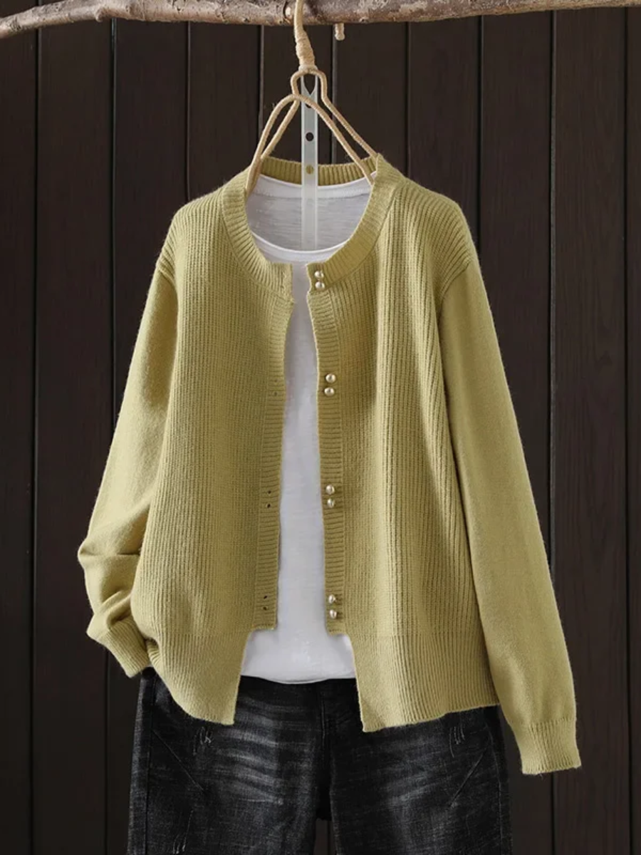 Fionnula™ | Women's Pearl Button Round Neck Knit Cardigan