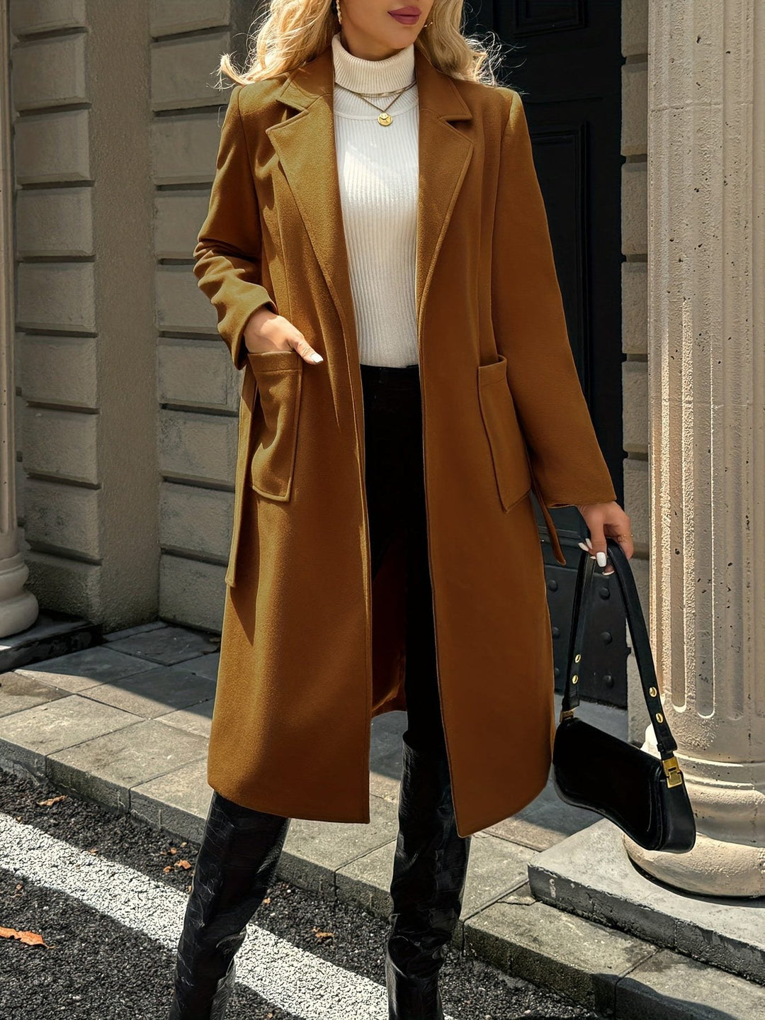 Arwen™ | Women's Belted Long Overcoat with Patch Pockets