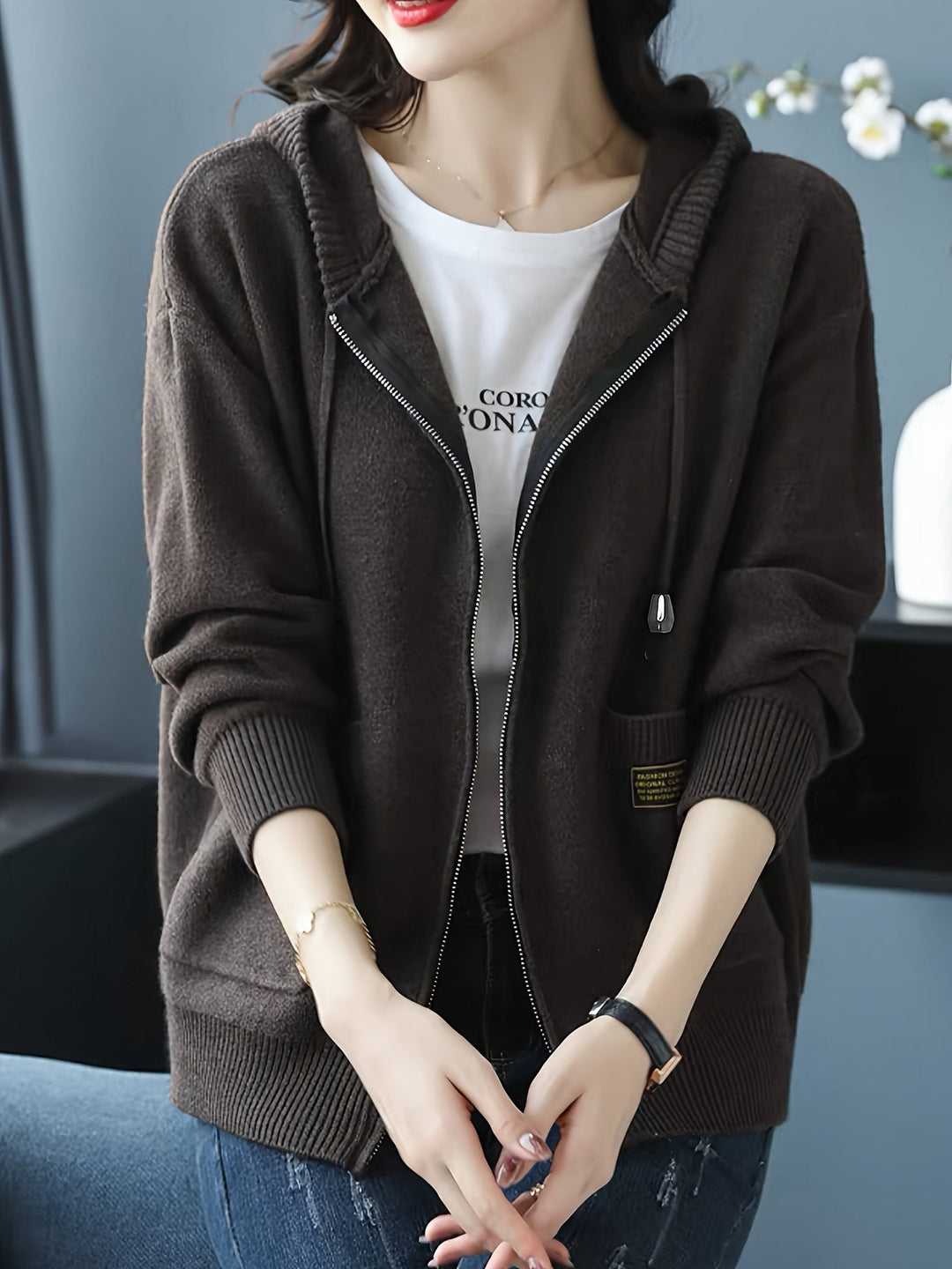 Sidonie™ | Women's Zip Up Hooded Knit Cardigan with Pockets