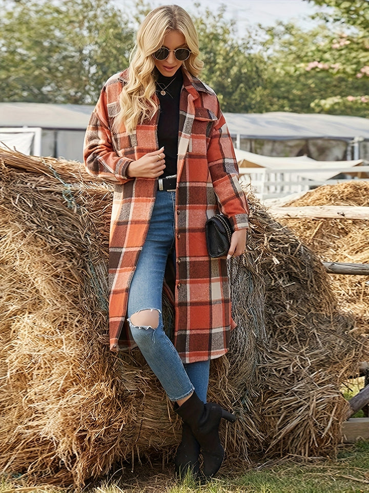 Berenice™ | Women's Longline Plaid Shirt Coat with Chest Pockets