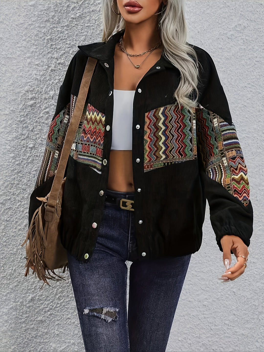 Guinevere™ | Women's Patchwork Snap Front Jacket with Woven Pattern Panels