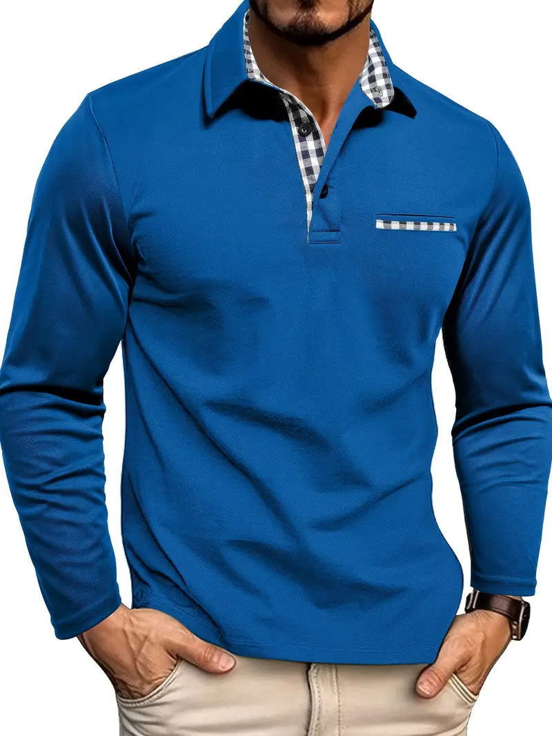 Anselme™ | Men's Long Sleeve Polo Shirt with Gingham Placket