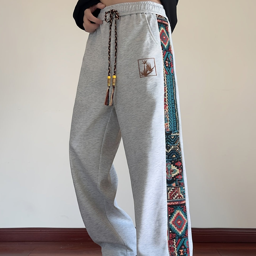 Rafael™ | Men's Wide Leg Drawstring Trousers with Patterned Side Panel