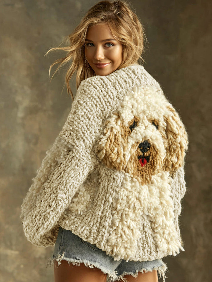 Pervenche™ | Women's Knit Sweater with Fluffy Dog Appliqué