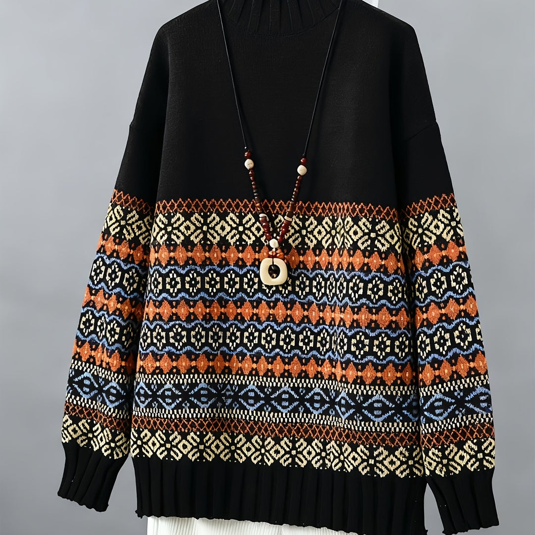 Ianthe™ | Women's Vintage Jacquard Knit Sweater with Mock Neck