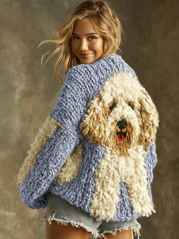 Pervenche™ | Women's Knit Sweater with Fluffy Dog Appliqué