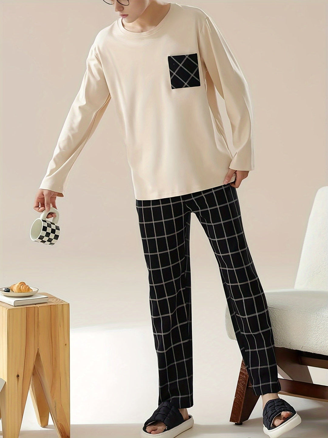 Piers™ | Men's Lounge Set with Long Sleeve Top and Checked Trousers