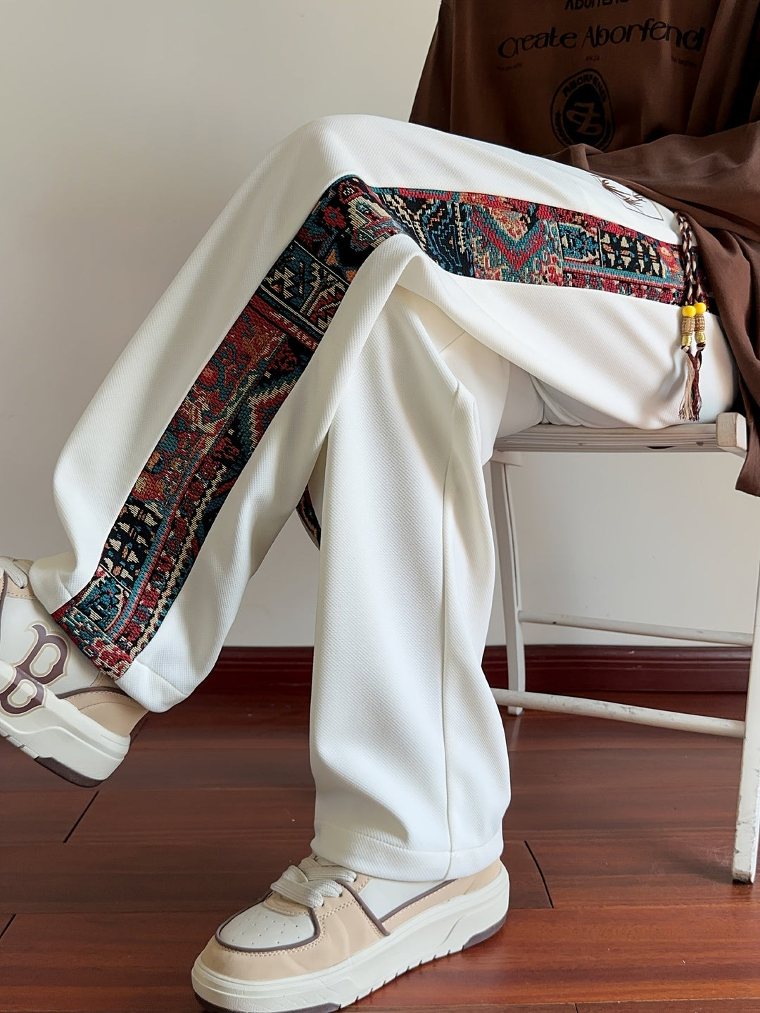 Rafael™ | Men's Wide Leg Drawstring Trousers with Patterned Side Panel
