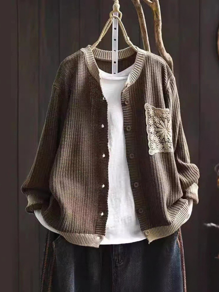 Delphina™ | Women's Lace Trim Chest Pocket Knit Button Cardigan