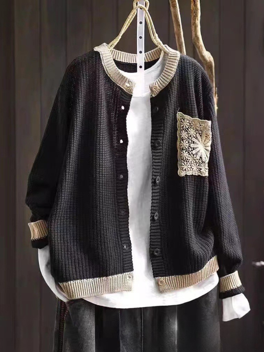 Delphina™ | Women's Lace Trim Chest Pocket Knit Button Cardigan