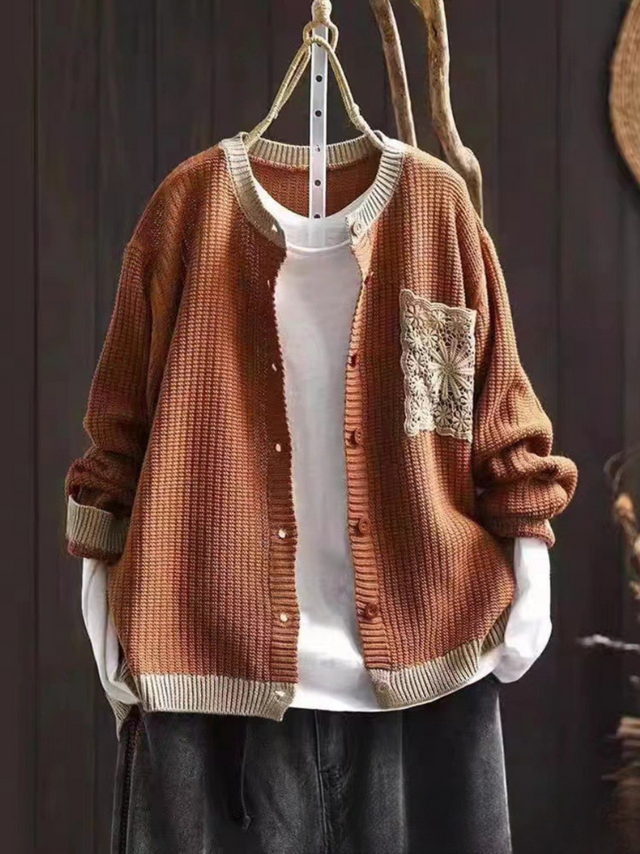 Delphina™ | Women's Lace Trim Chest Pocket Knit Button Cardigan