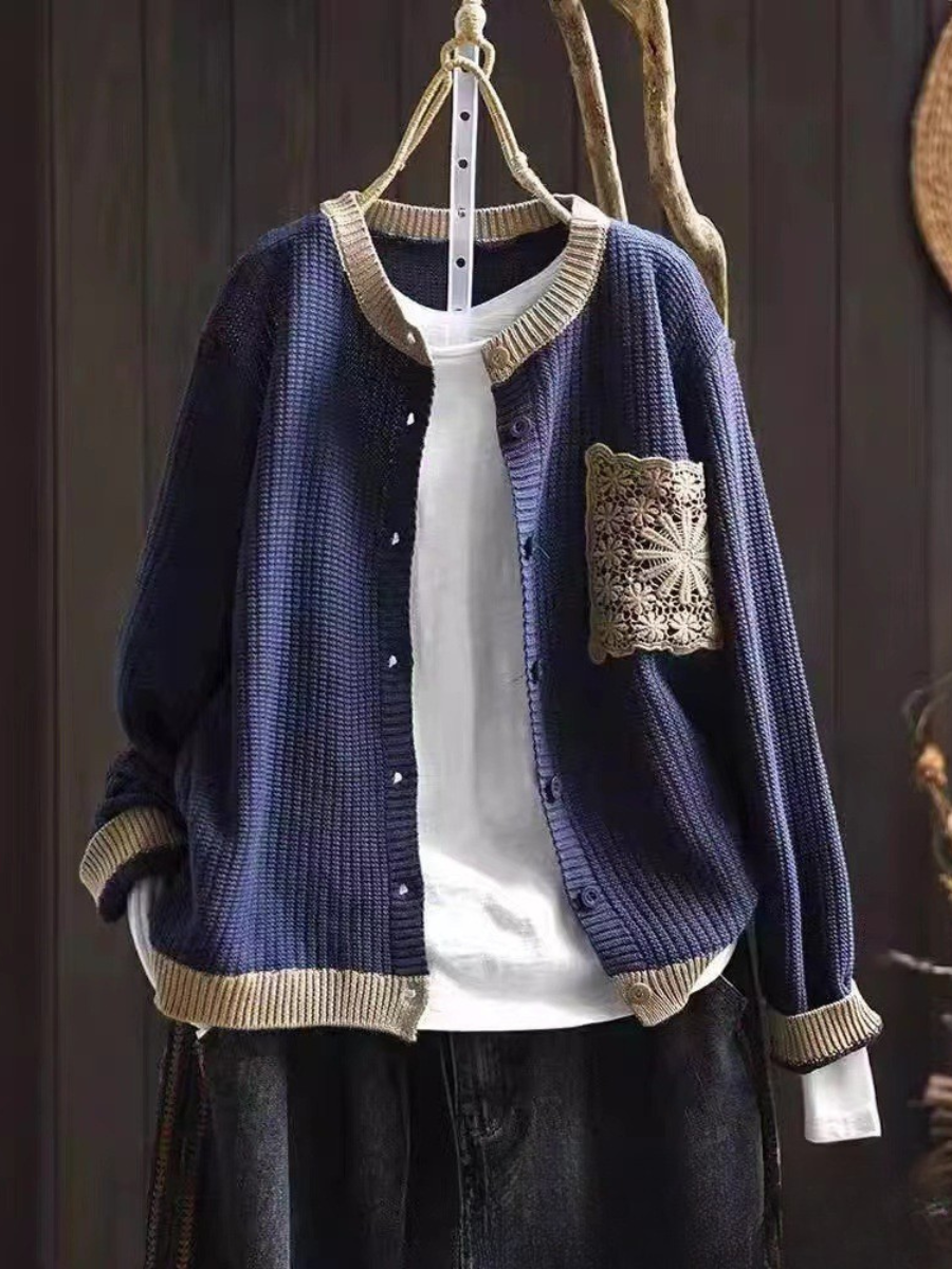 Delphina™ | Women's Lace Trim Chest Pocket Knit Button Cardigan