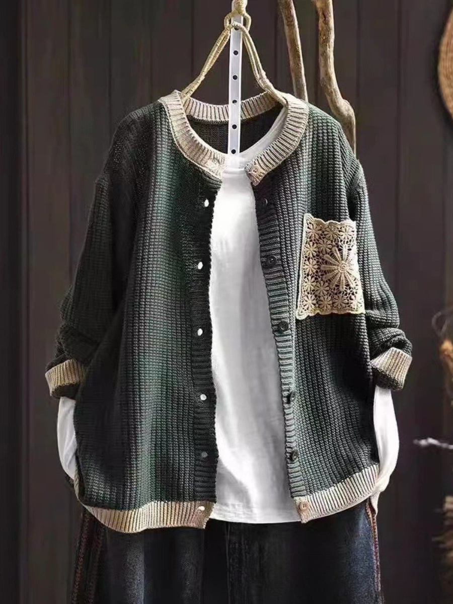 Delphina™ | Women's Lace Trim Chest Pocket Knit Button Cardigan