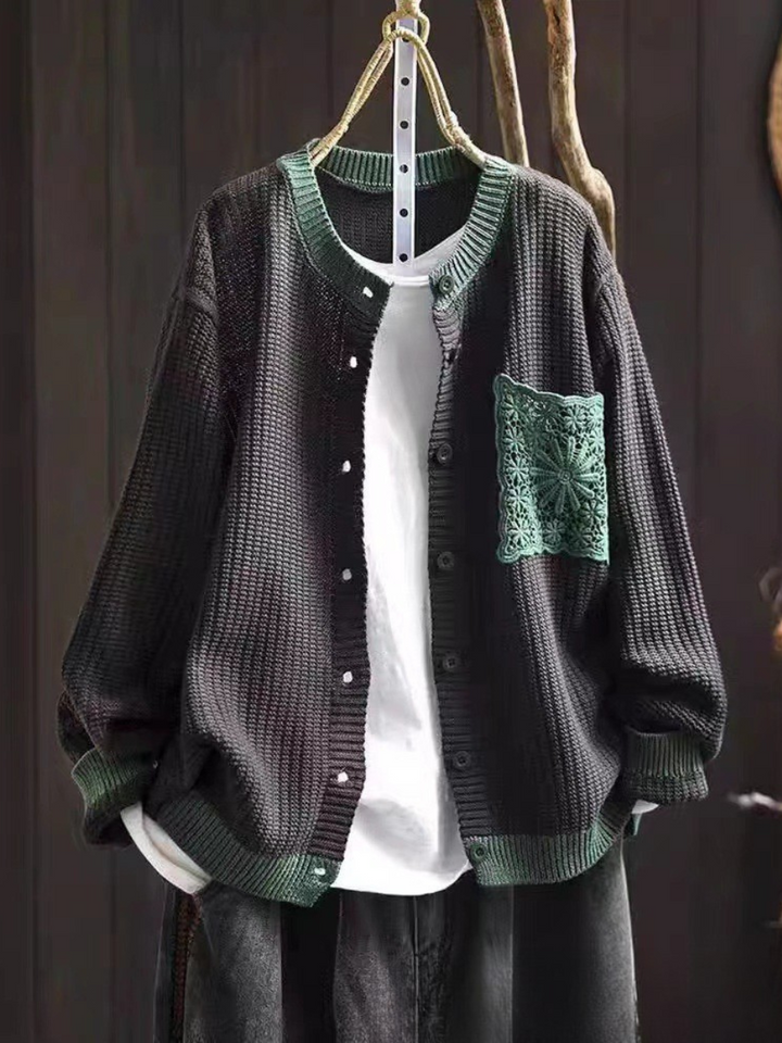 Delphina™ | Women's Lace Trim Chest Pocket Knit Button Cardigan