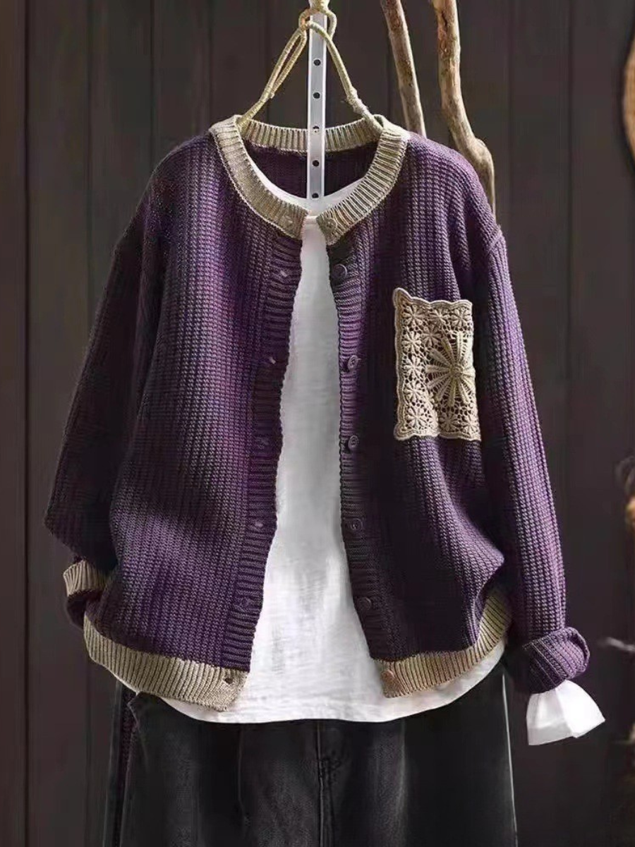 Delphina™ | Women's Lace Trim Chest Pocket Knit Button Cardigan