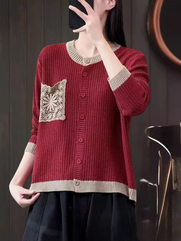 Delphina™ | Women's Lace Trim Chest Pocket Knit Button Cardigan