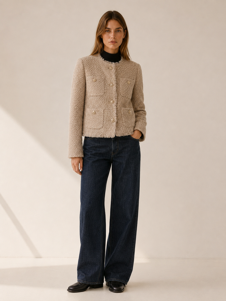 Bryony™ | Cropped Tweed Blazer with Button Front, Beige