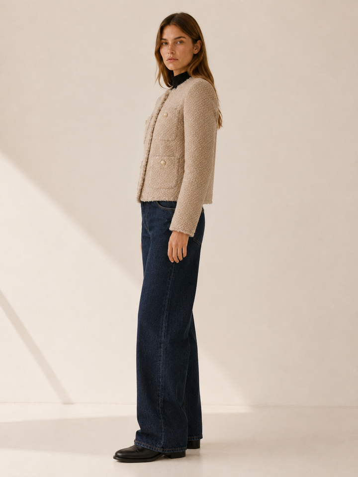 Bryony™ | Cropped Tweed Blazer with Button Front, Beige