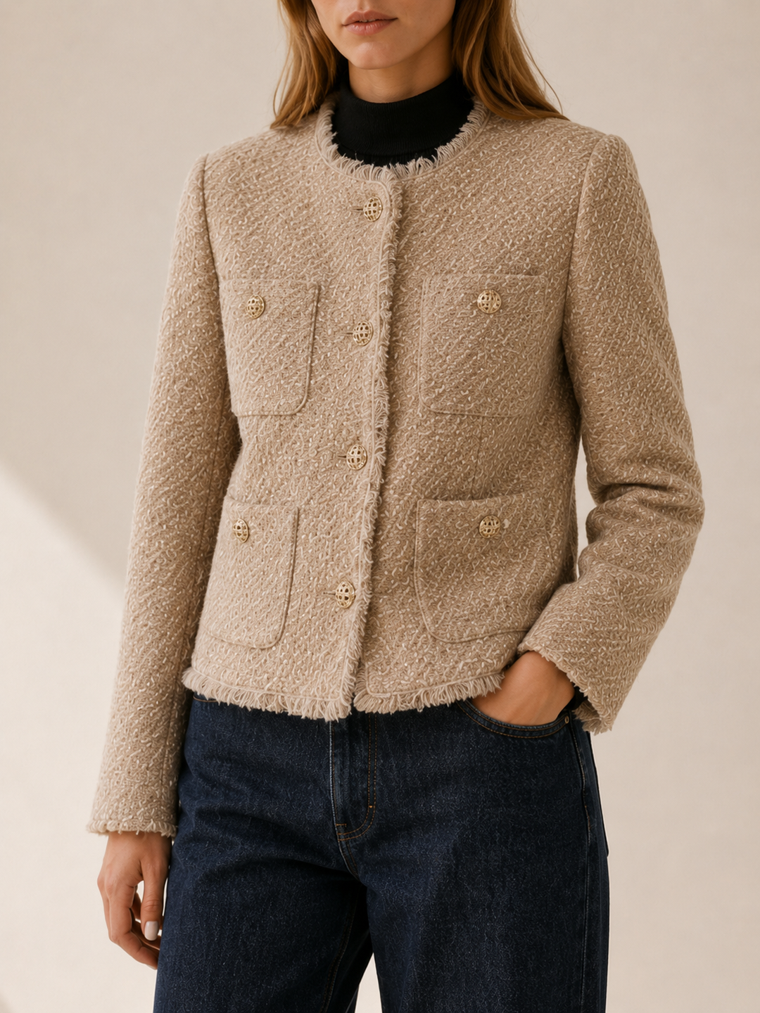 Bryony™ | Cropped Tweed Blazer with Button Front, Beige
