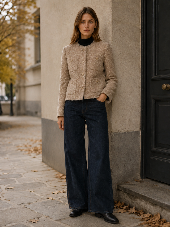 Bryony™ | Cropped Tweed Blazer with Button Front, Beige