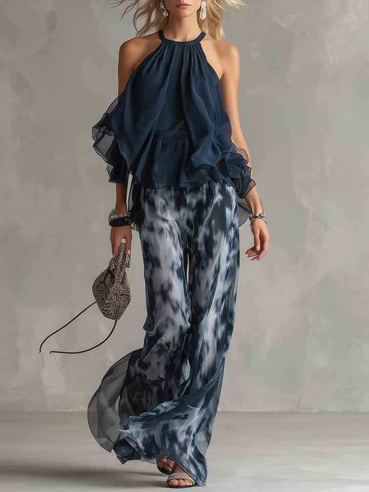 Ludovica™ | Elegant Chiffon Dress with High Neck Top & Wide Printed Trousers