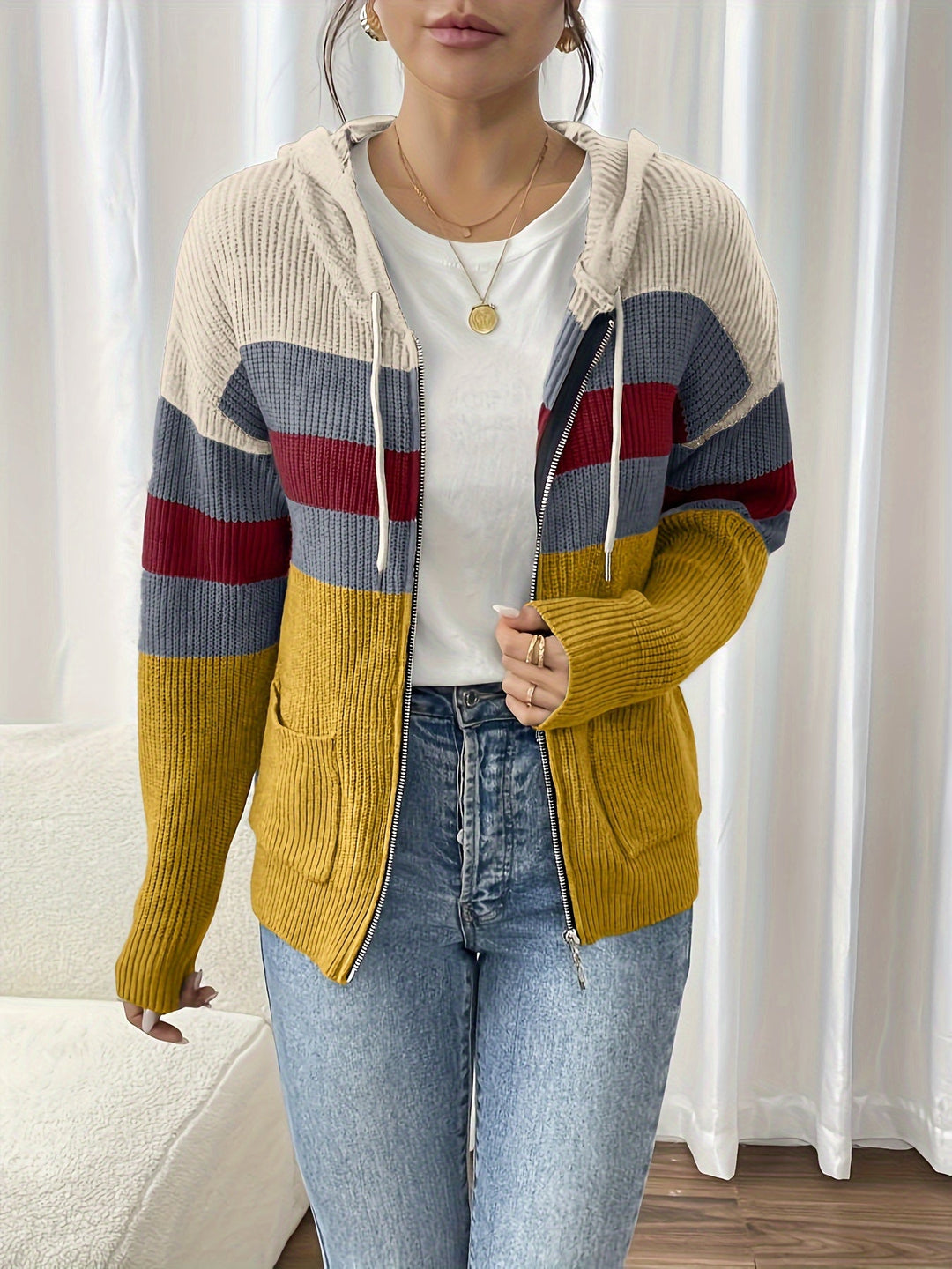Susannah™ | Women's Colour Block Hooded Zip Cardigan with Pockets