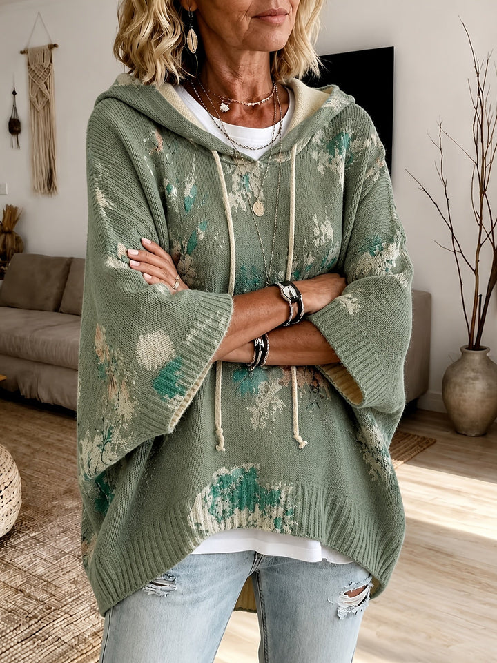 Roswitha™ | Women's Hooded Floral Cape Sweater with Drawstring