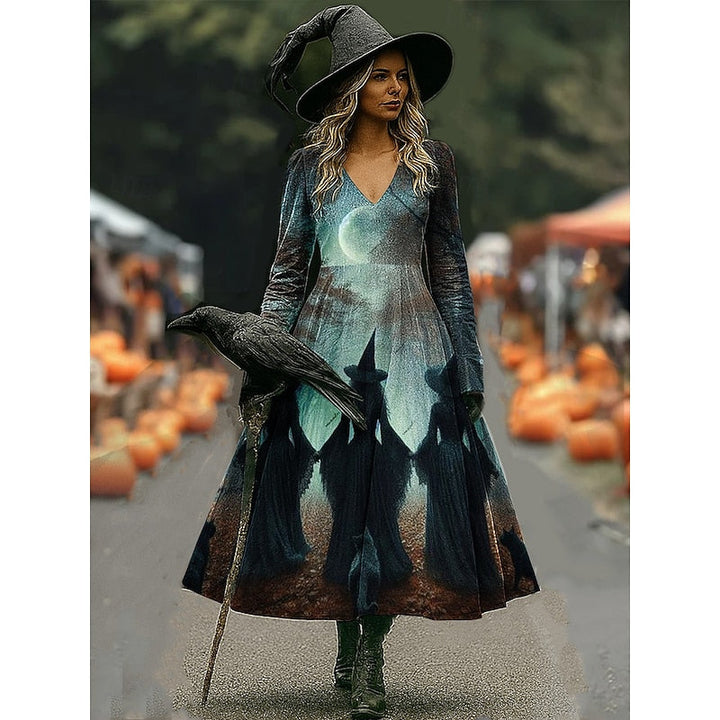 Tansy™ | Women's Halloween Witch Print Long Sleeve A Line Maxi Dress