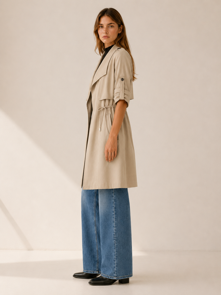 Camille™ | Short Trench with Drape Collar and Drawstring